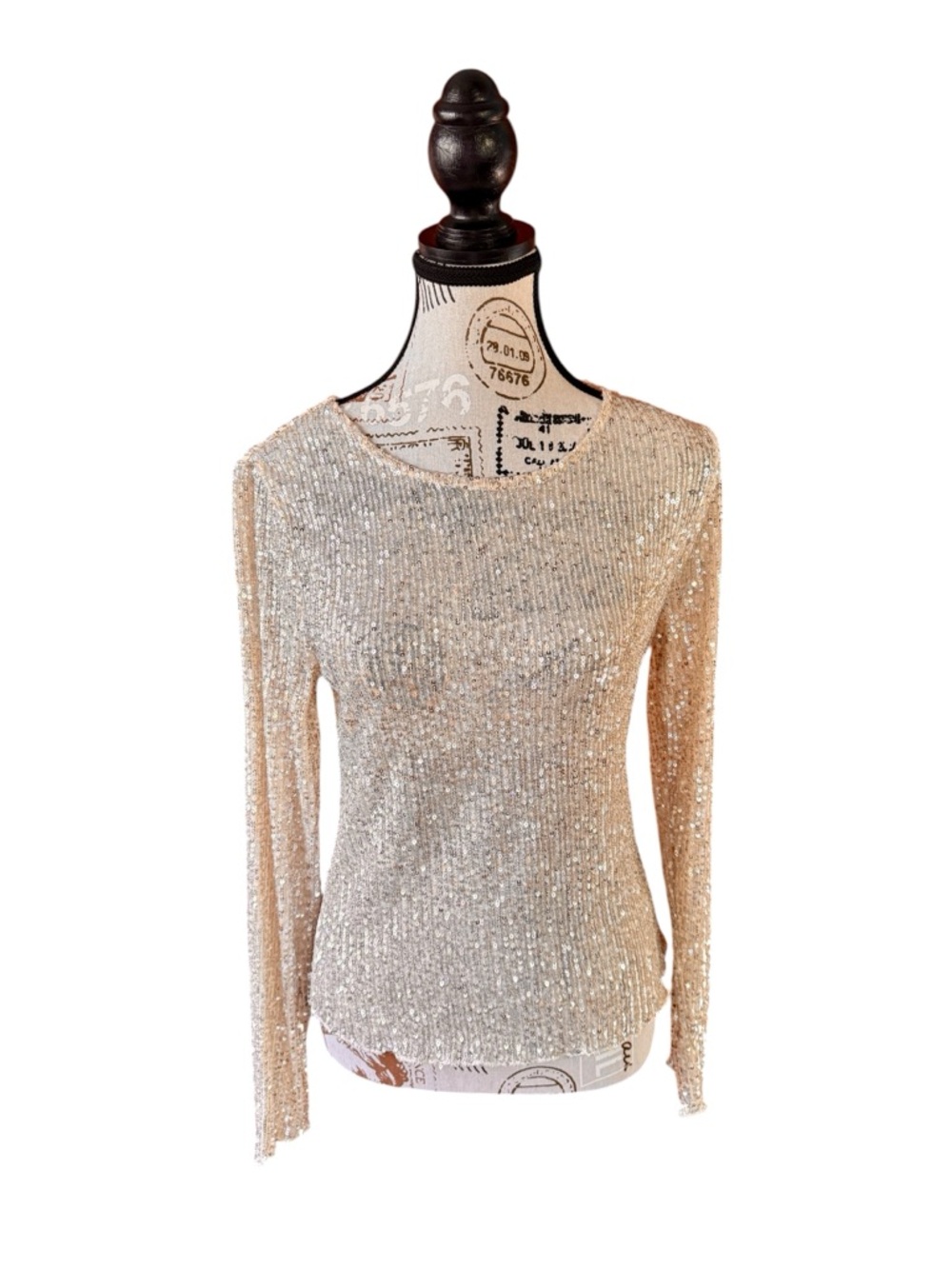 Lucky Brand Sequin Knit Top • Medium • Long-Sleeves • Champagne • NWT